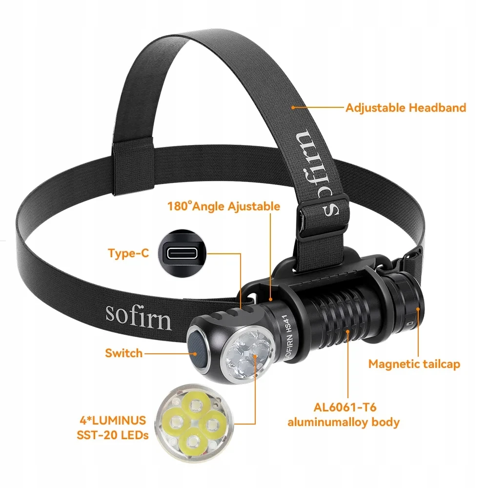 Sofirn HS41 įkraunamas priekinis žibintas 4000 lm LED 5000K profesionalus