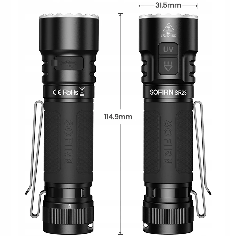 Sofirn SR23 LED žibintuvėlis 3300 lm su UV 365 nm, USB-C, IP68