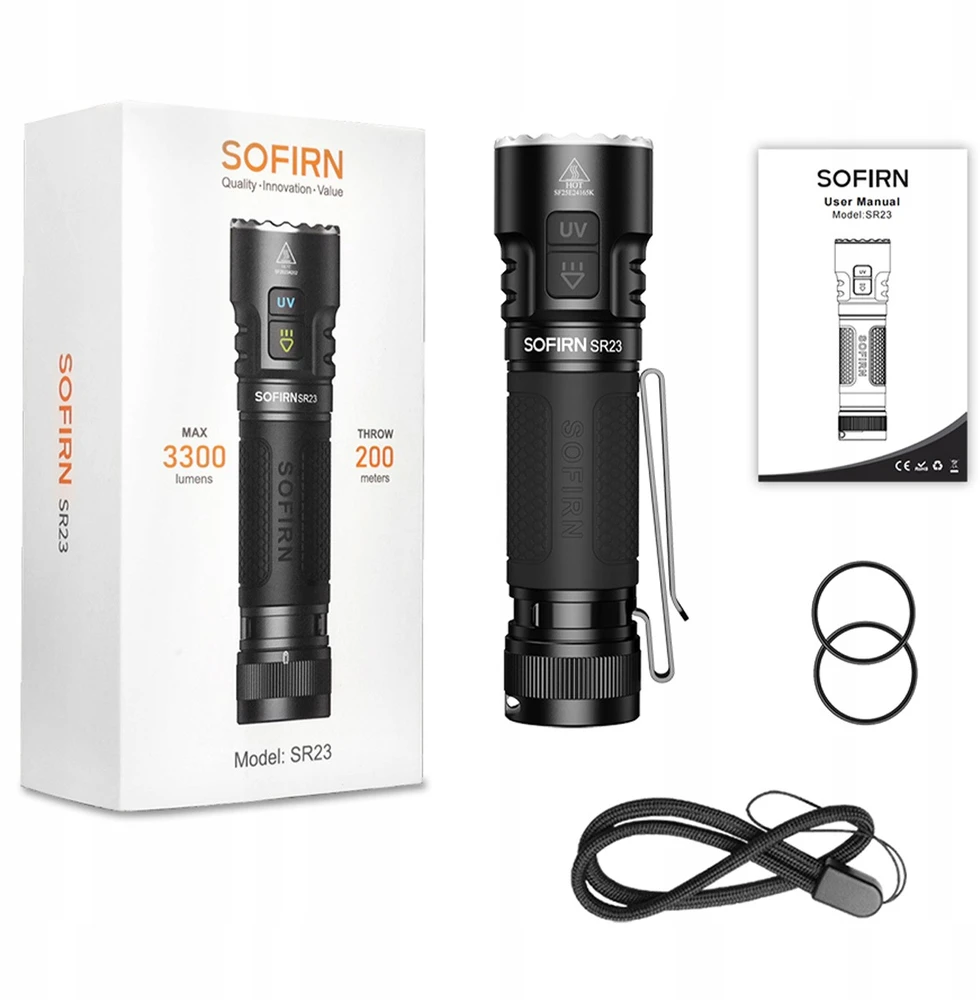 Sofirn SR23 LED žibintuvėlis 3300 lm su UV 365 nm, USB-C, IP68