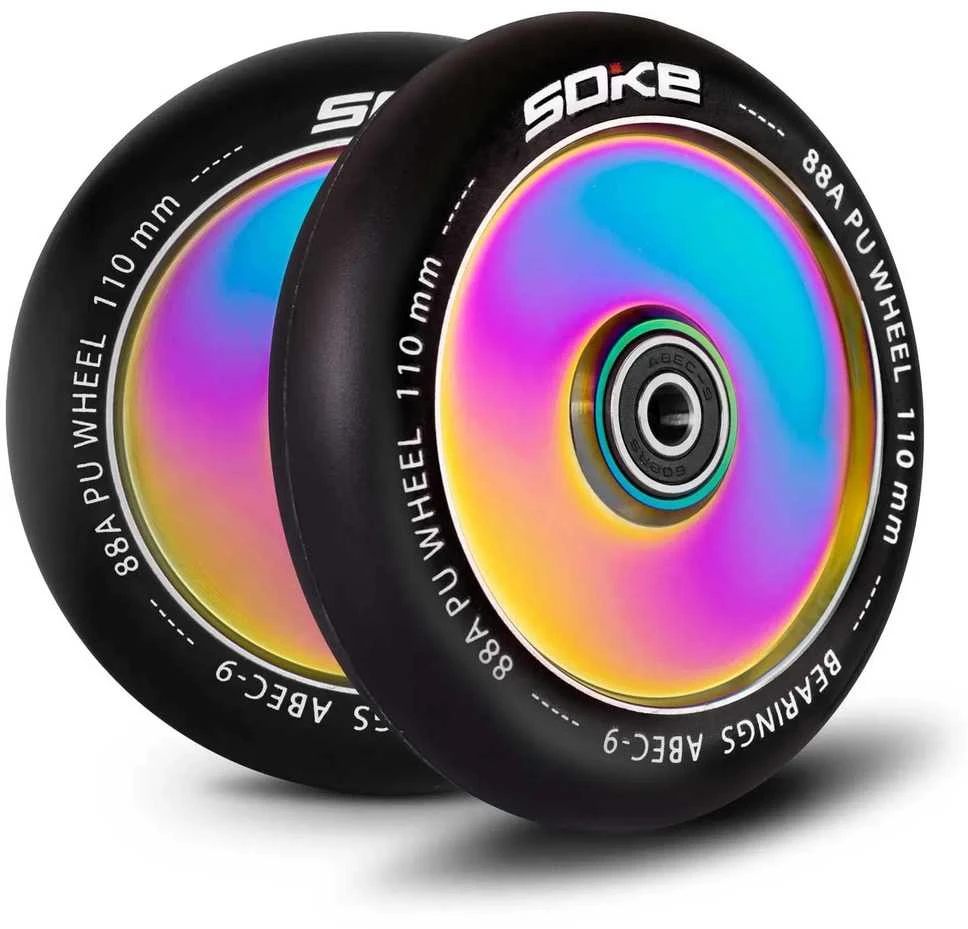 Soke 110 mm pilno vaivorykštės spalvos paspirtuko ratukai, 2 vnt.