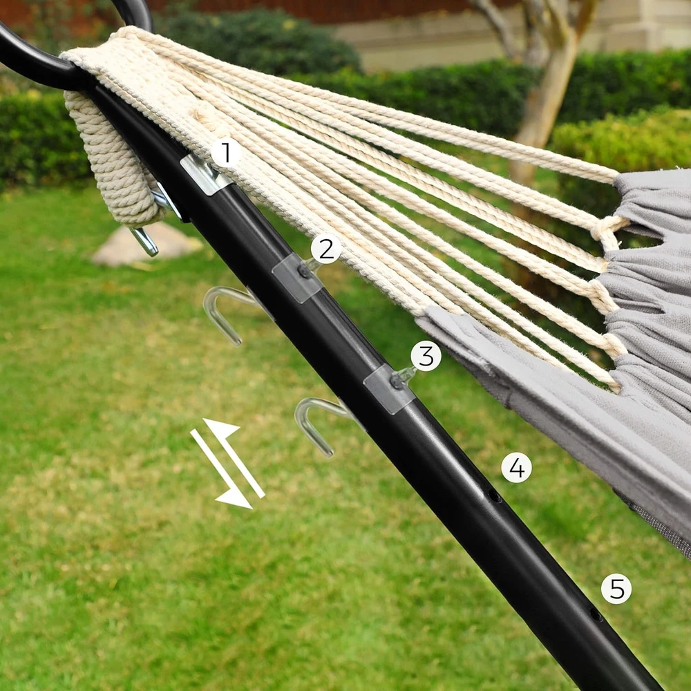 Songmics hamakas su strypu, juodu rėmu ir pilku hamaku 240 kg 295 x 150