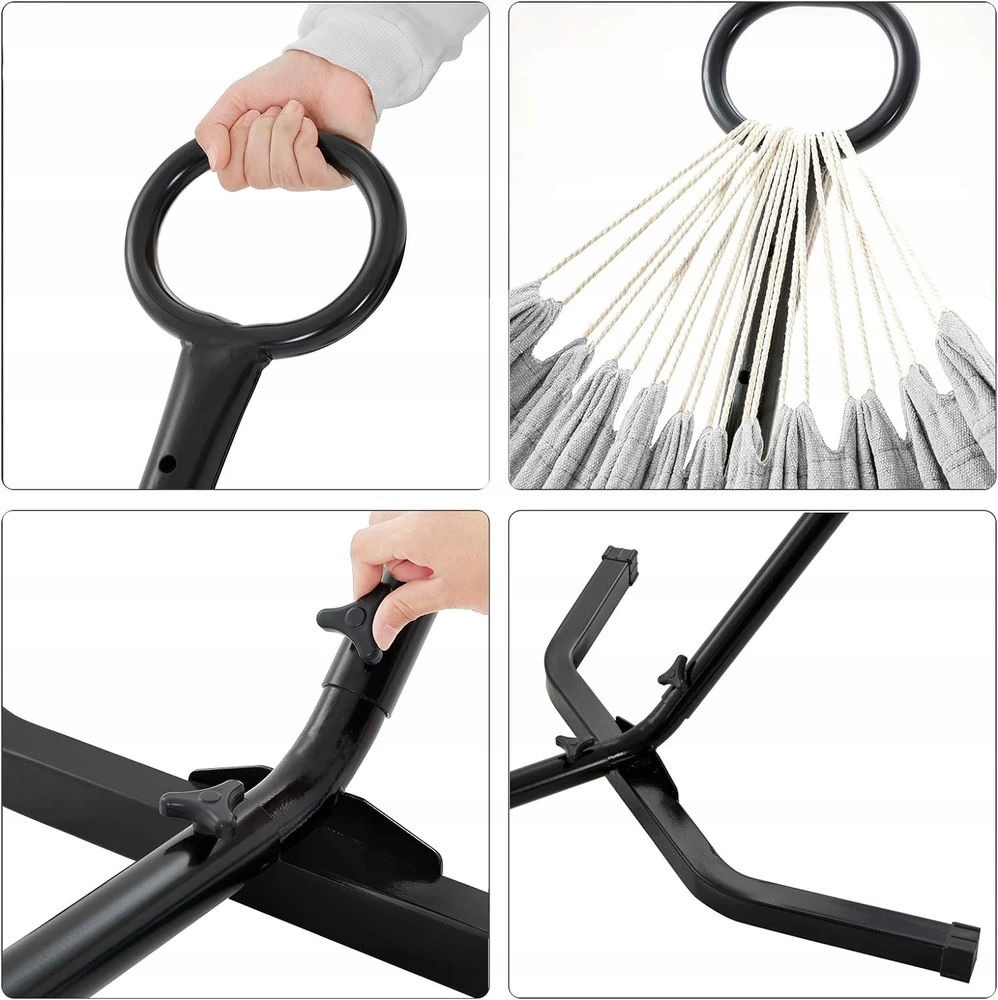 Songmics hamakas su strypu, juodu rėmu ir pilku hamaku 240 kg 295 x 150