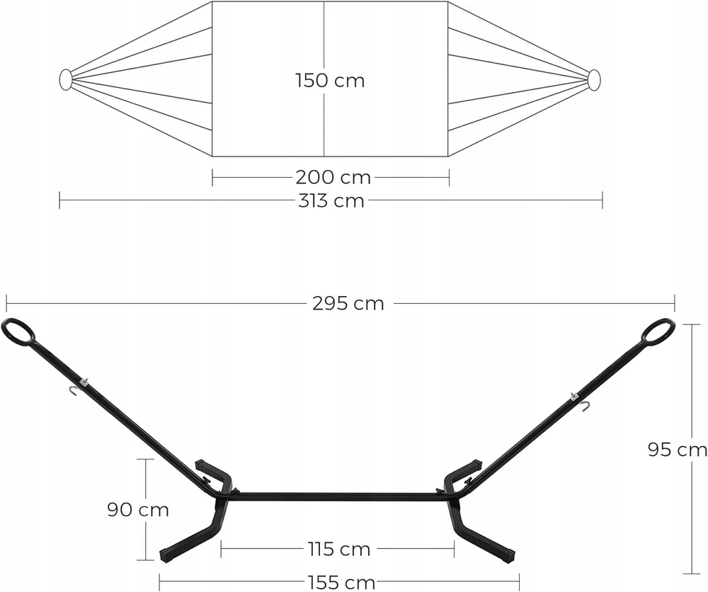 Songmics hamakas su strypu, juodu rėmu ir pilku hamaku 240 kg 295 x 150