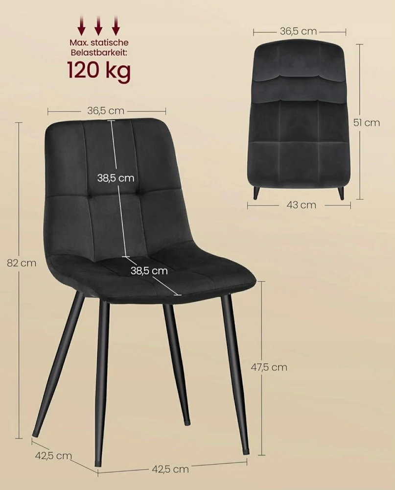 Songmics VASAGLE aksominės valgomojo kėdės, 4 vnt., KDC080BH01, juodos spalvos