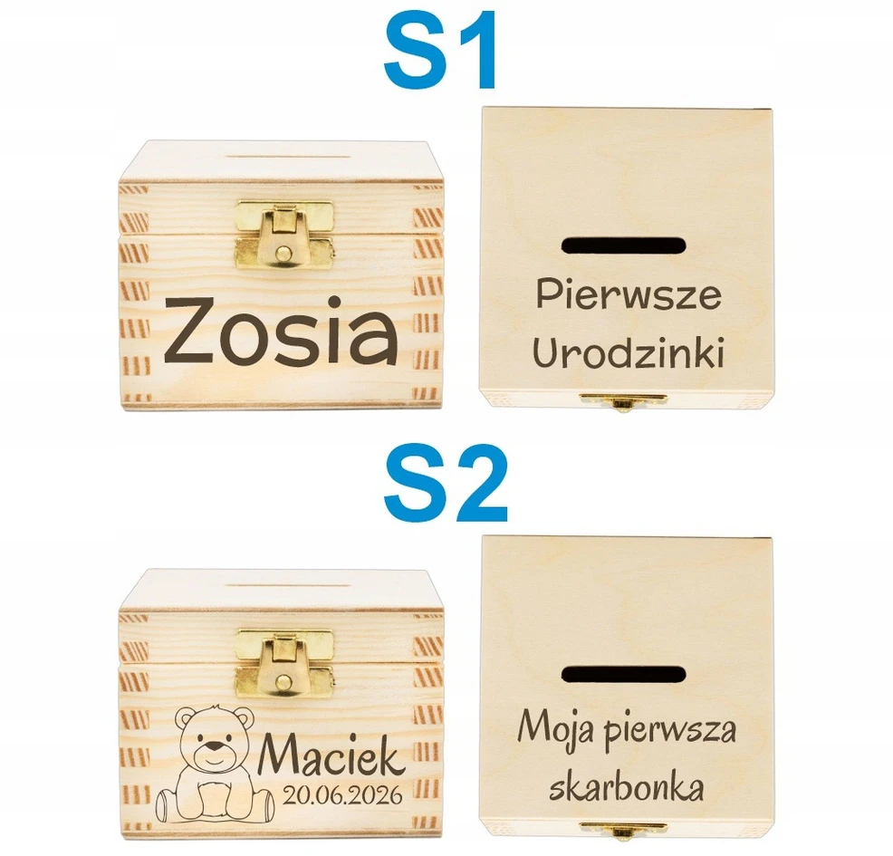 Sovenir Drewniana Skarbonka Grawer Prezent Chrzest Roczek