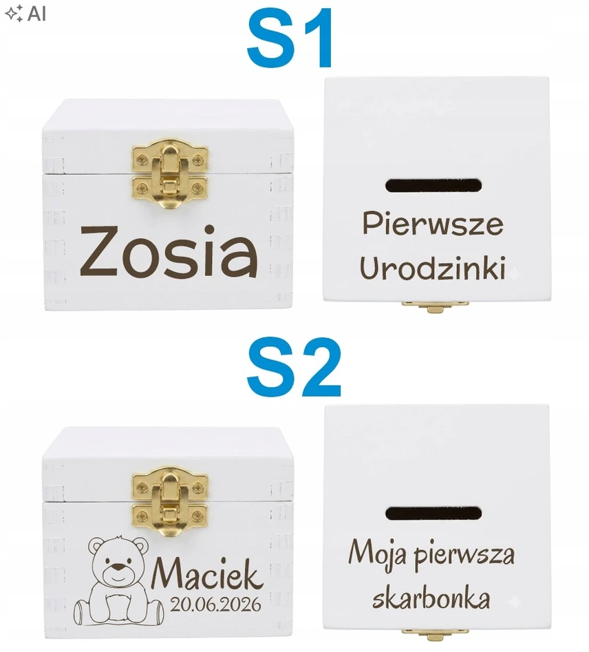 Sovenir Drewniana skarbonka su Grawerem dla dziecka na Chrzest Roczek Urodzinki