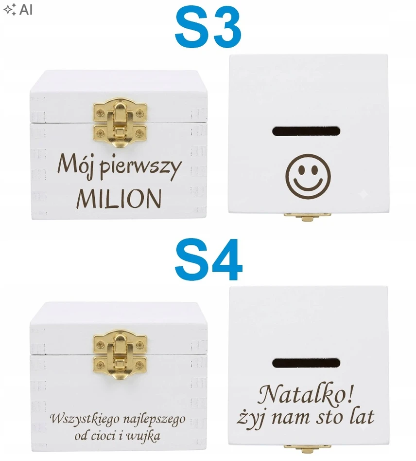 Sovenir Drewniana skarbonka su Grawerem dla dziecka na Chrzest Roczek Urodzinki