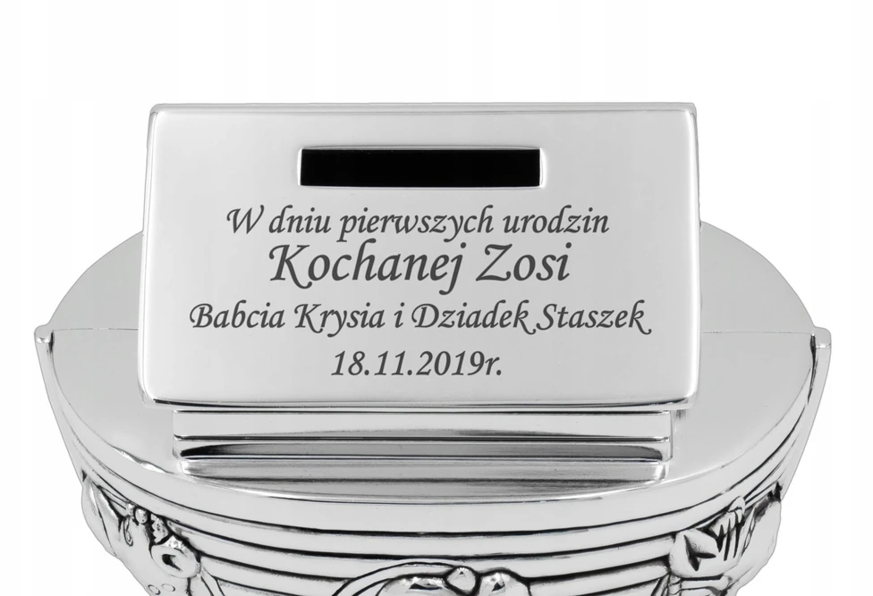 Sovenir Srebrna Skarbonka Arka Noego GRAWER Chrzest Roczek
