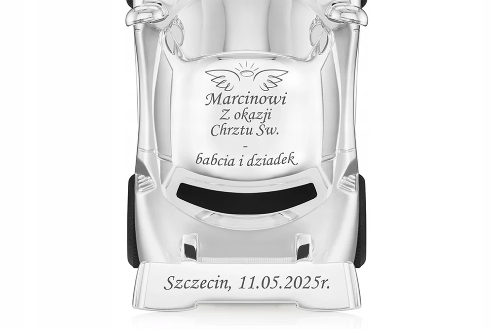 Sovenir Srebrna Skarbonka Auto Sportowe su Grawerem NEMOKAMAI na Prezent Chrzest Roczek