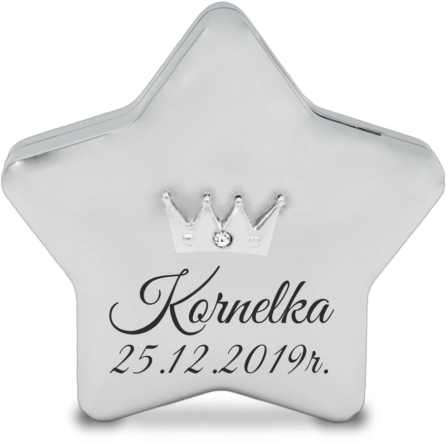 Sovenir Srebrna Skarbonka Gwiazda GRAWER Chrzest Roczek
