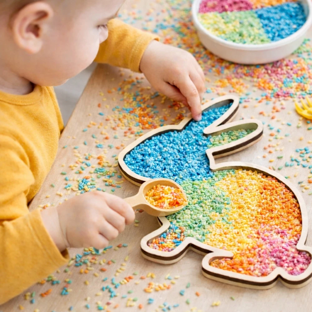 Spalvingi sensoriniai ryžiai SCENTED Sensory Play MONTESSORI pilstymui