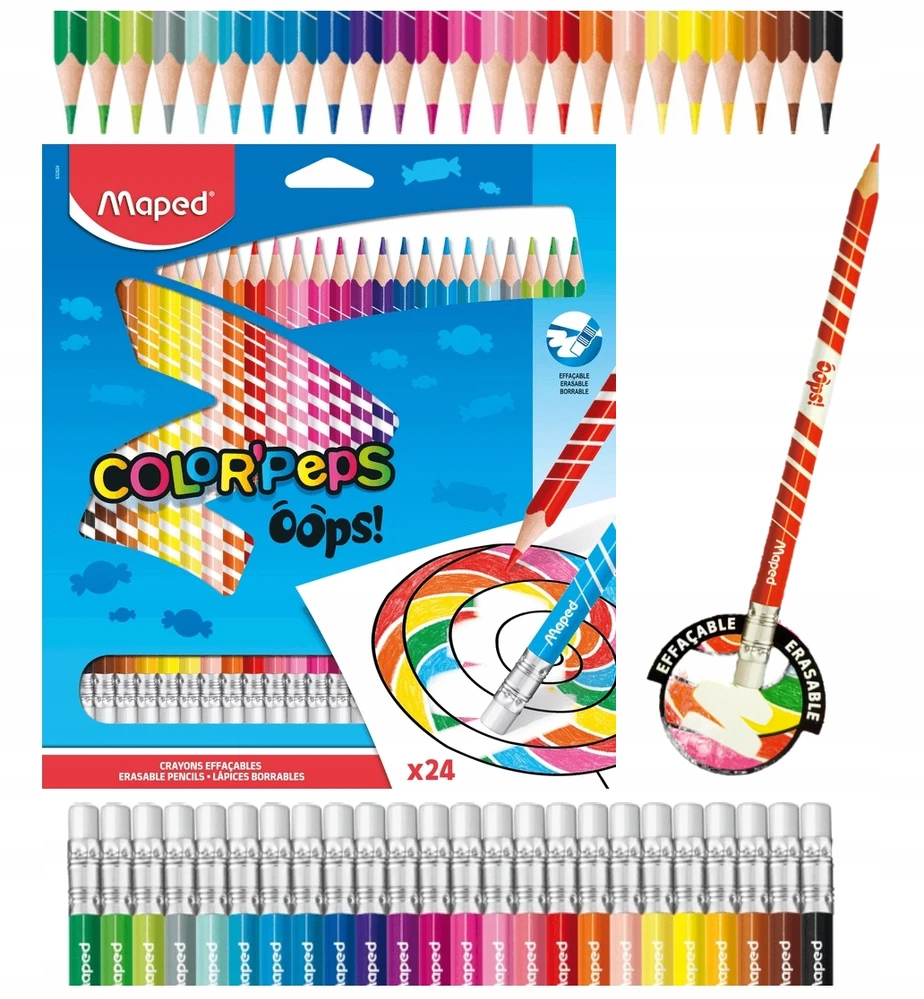Spalvotas pieštukas be medienos Maped ColorPeps Oops! 24vnt. su gumele