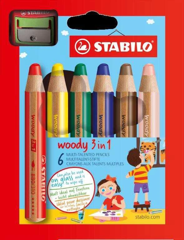 Woody Spalvoti pieštukai 3 in 1 su drožtuku, 6 spalvų