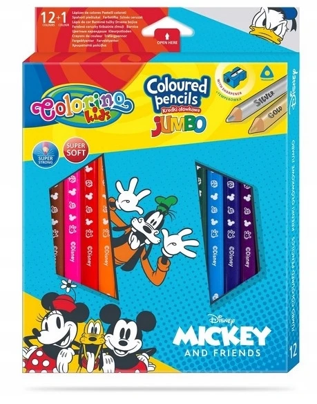 Spalvoti pieštukai COLORINO Disney "Peliukas Mikis" JUMBO, tribriauniai, su drožtuku, 12 spalvų