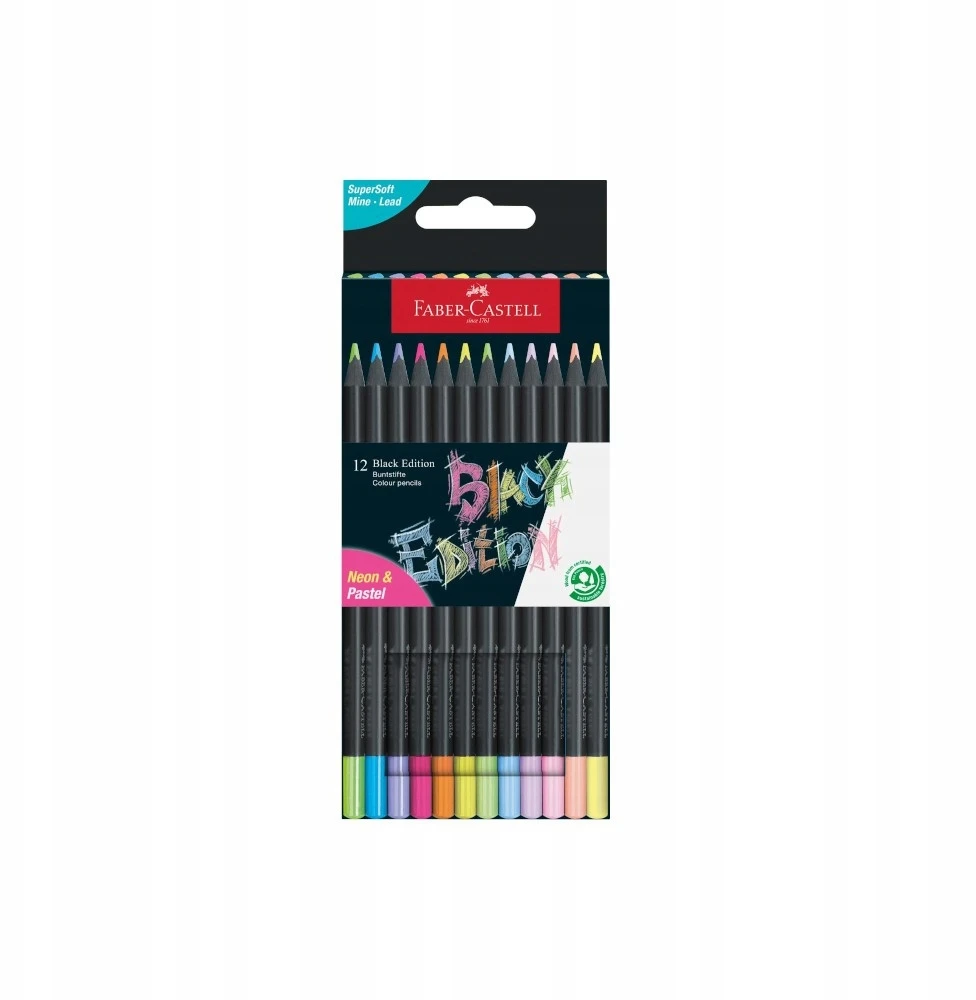 Spalvoti pieštukai Faber-Castell Juodas Edition, 12 neoninių ir pastelinių spalvų