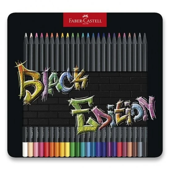 Spalvoti pieštukai Faber-Castell Juodas Edition, 24 ryškių spalvų, metalinėje dėžutėje