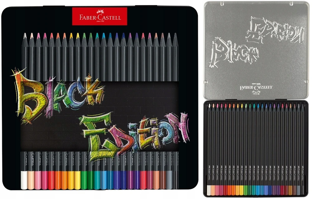 Spalvoti pieštukai Faber-Castell Juodas Edition, 24 ryškių spalvų, metalinėje dėžutėje