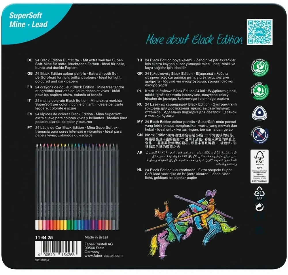 Spalvoti pieštukai Faber-Castell Juodas Edition, 24 ryškių spalvų, metalinėje dėžutėje