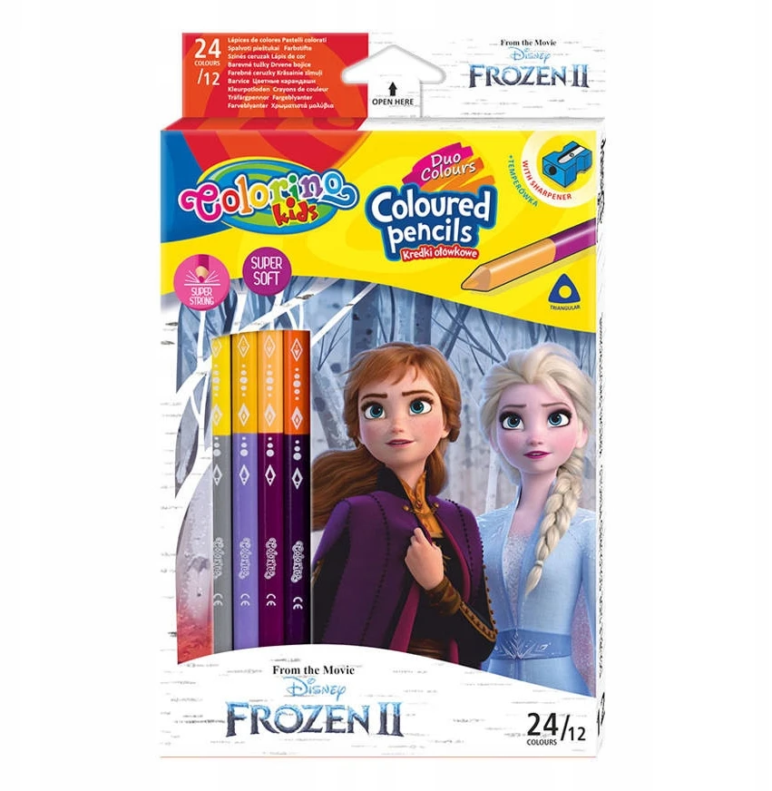 Patio Spalvoti pieštukai su drožtuku Colorino Disney Frozen II, trikampiai, 12 vnt./24 spalvų