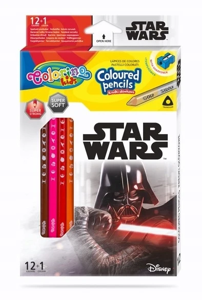 Spalvoti pieštukai su drožtuku Colorino Disney Star Wars, trikampiai, 12 vnt./ 13 spalvų