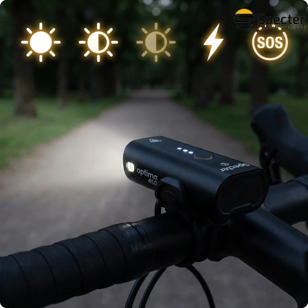 Specter Dviračio apšvietimas Spectre Optima450 priekinis žibintas 5 režimai USB 1800mAh