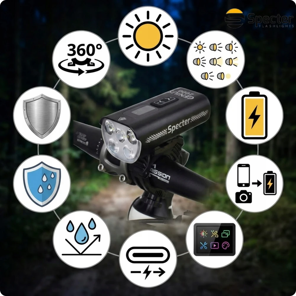 Specter DVIRAČIO LEMPAS Priekinis LED USB C 2000lm su maitinimo bloko funkcija dviračiui IPX5