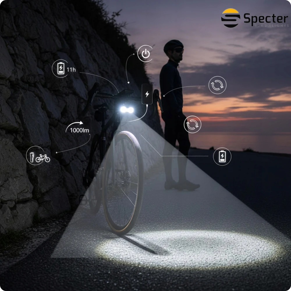 Specter DVIRAČIO PRIEKINIS LEMPAS Galingas 1000 lm USB C su Powerbank funkcija MAVERICK