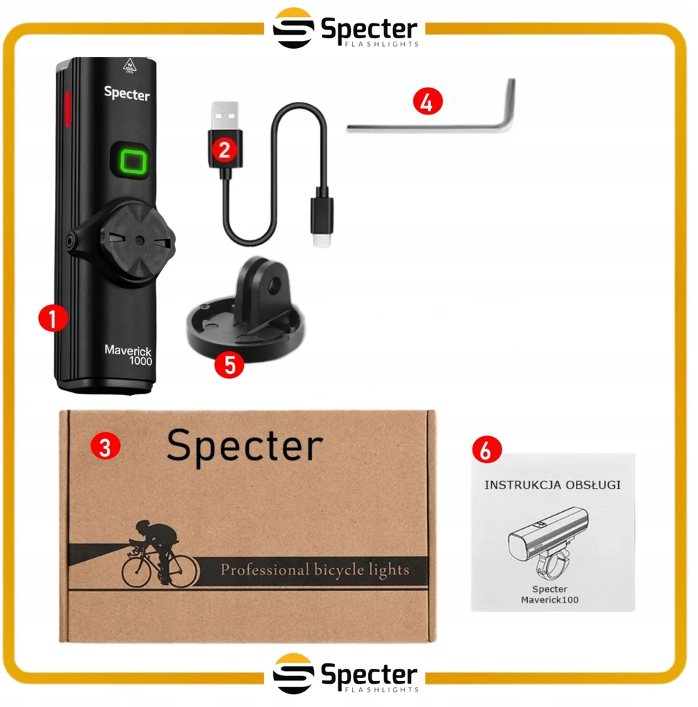Specter DVIRAČIO PRIEKINIS LEMPAS Galingas 1000 lm USB C su Powerbank funkcija MAVERICK