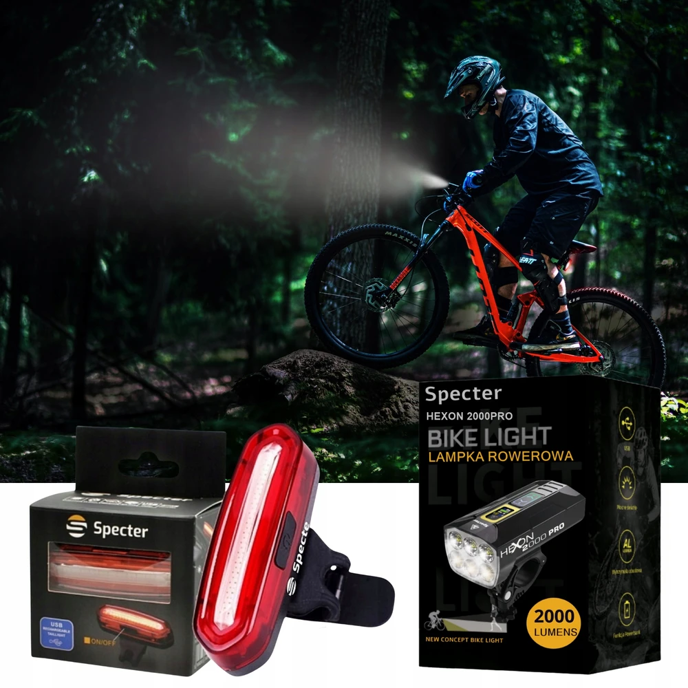 SPECTER HEXON 2000PRO POWERBANK dviračio žibintų rinkinys + galinis Raudonas AQY