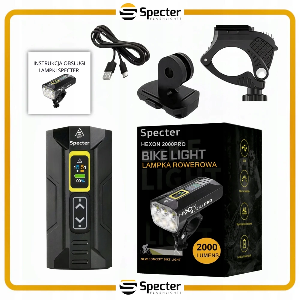 SPECTER HEXON 2000PRO POWERBANK dviračio žibintų rinkinys + galinis Raudonas AQY