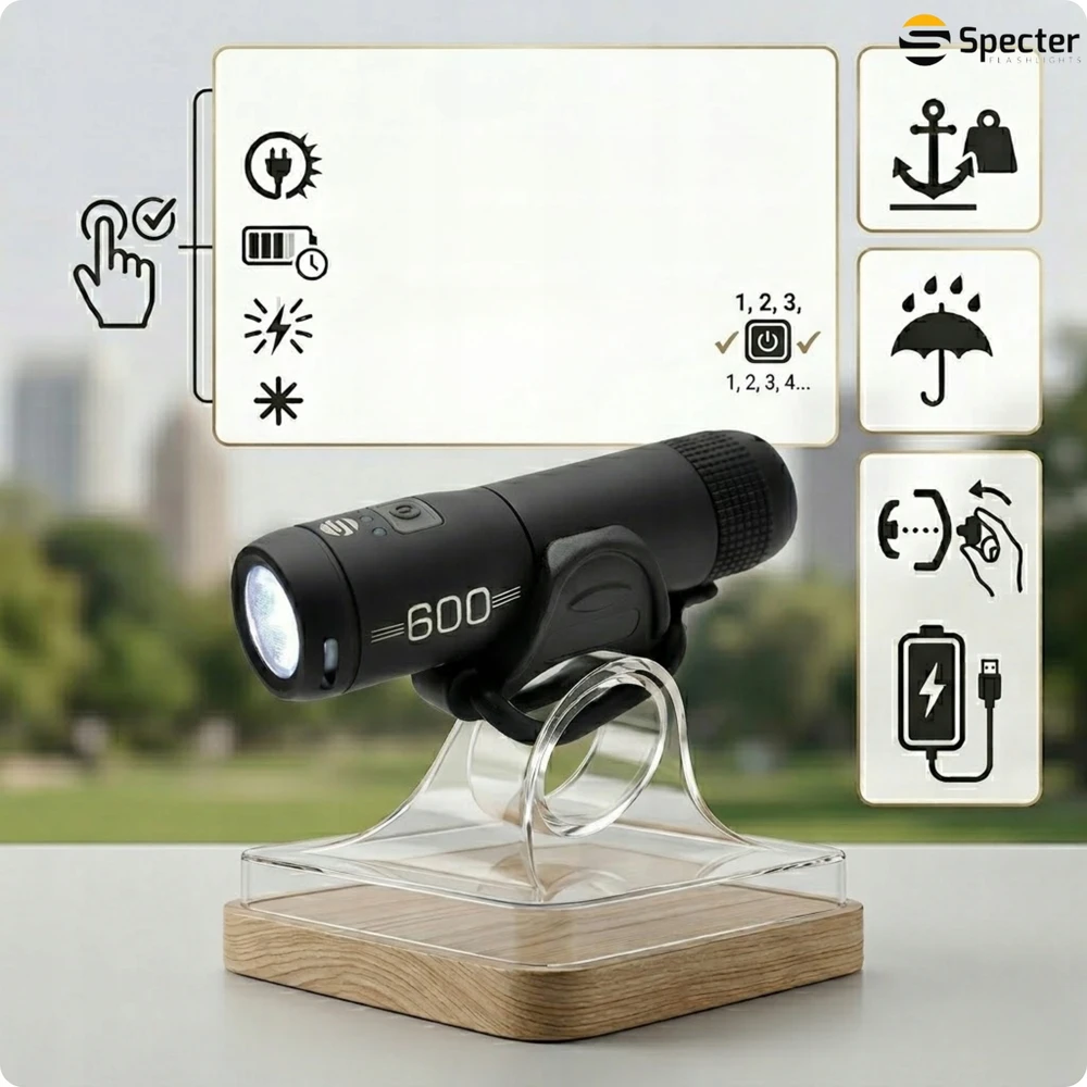 Specter LED dviračio žibintas 600 LM USB vandeniui atsparus žibintas dviračiui