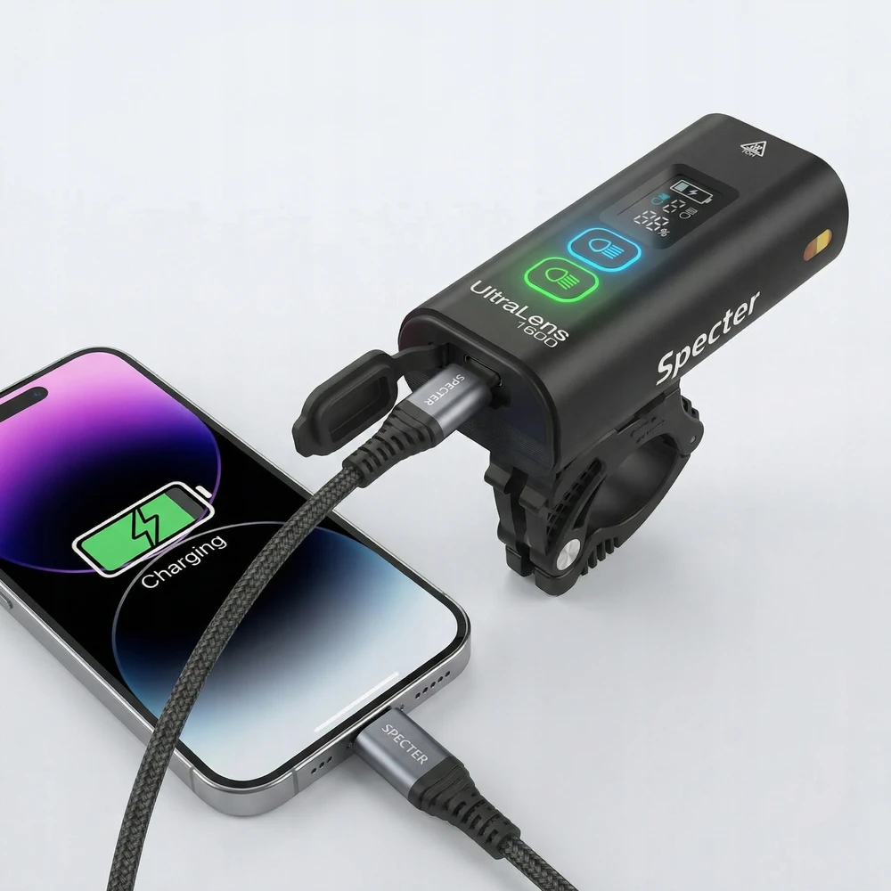 SPECTER LED PRIEKINIS DVIRAČIO LEMPAS 1600lm 5200mAh su powerbank funkcija