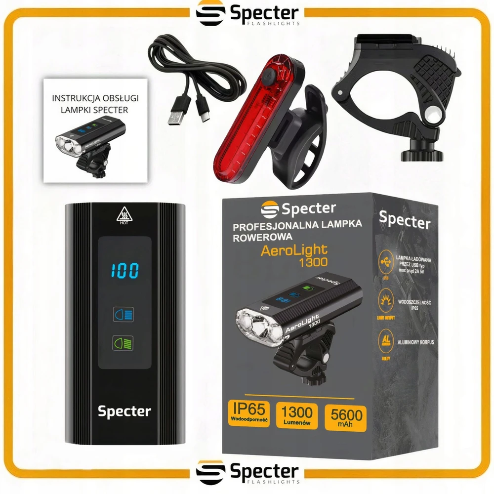 Specter PRIEKINIS GALINIS DVIRAČIO LEMPAS LED USB C 1300lm dviračio žibintų rinkinys