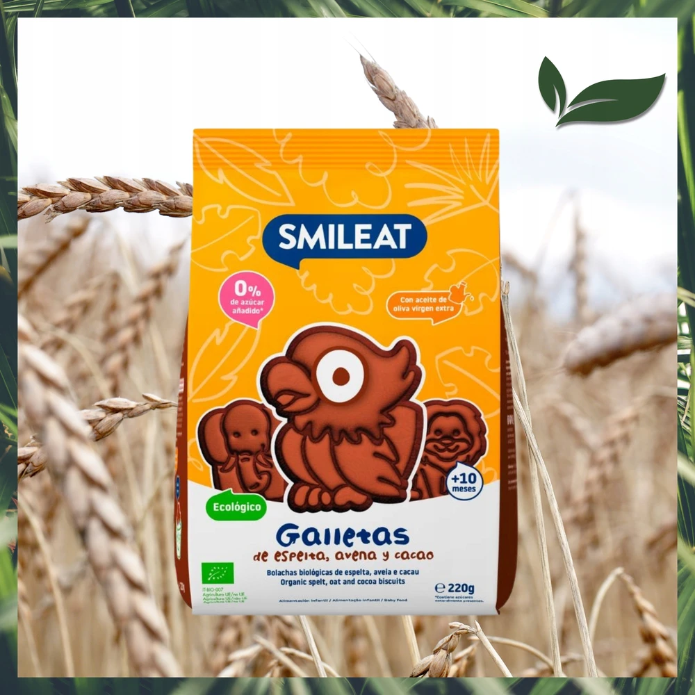 Speltos sausainiai be cukraus kakavos obuoliai 10 mėnesių 220g Smileat BIO Mini