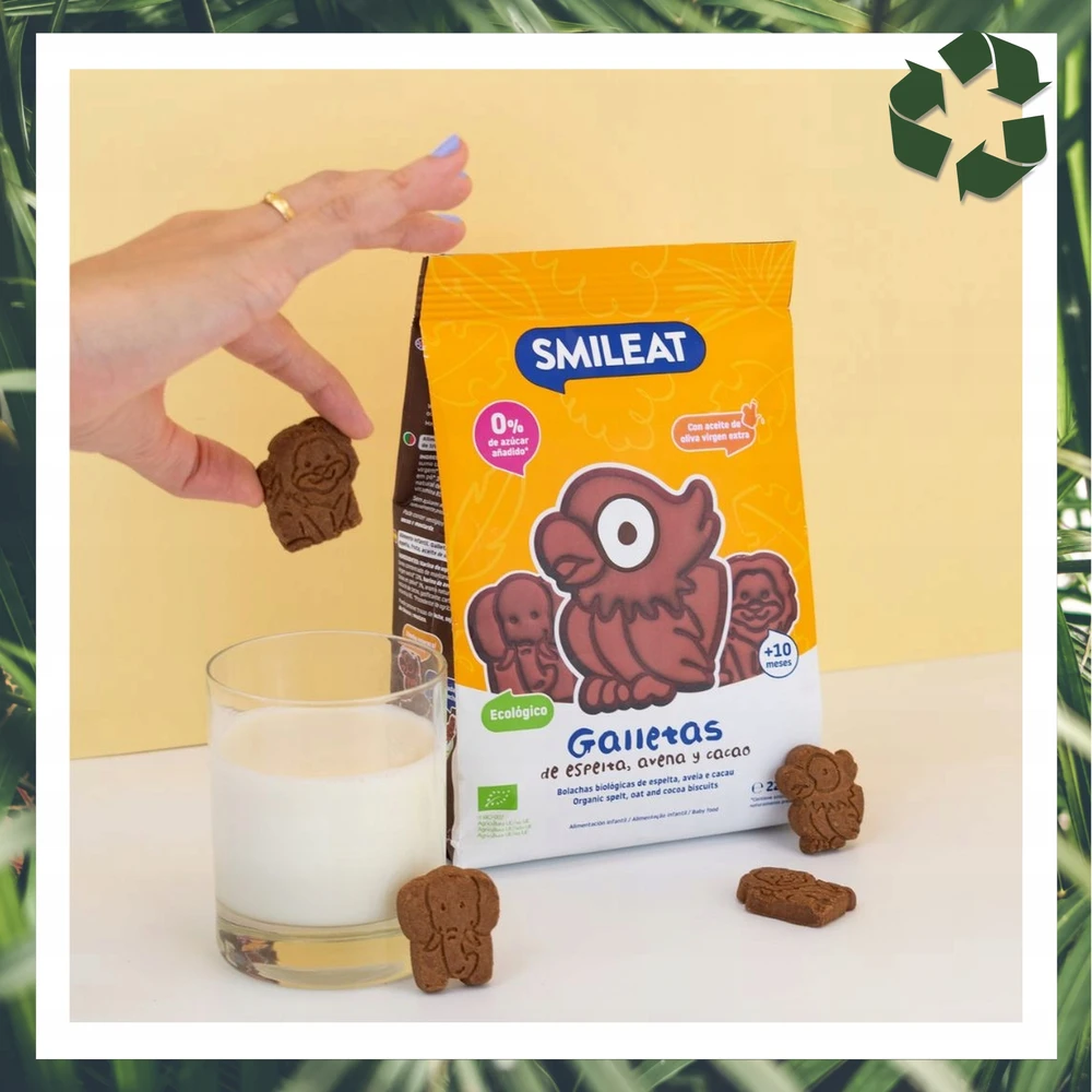 Speltos sausainiai be cukraus kakavos obuoliai 10 mėnesių 220g Smileat BIO Mini
