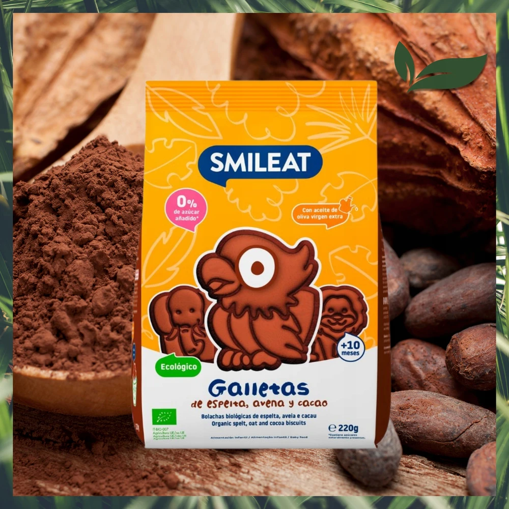 Speltos sausainiai be cukraus kakavos obuoliai 10 mėnesių 220g Smileat BIO Mini