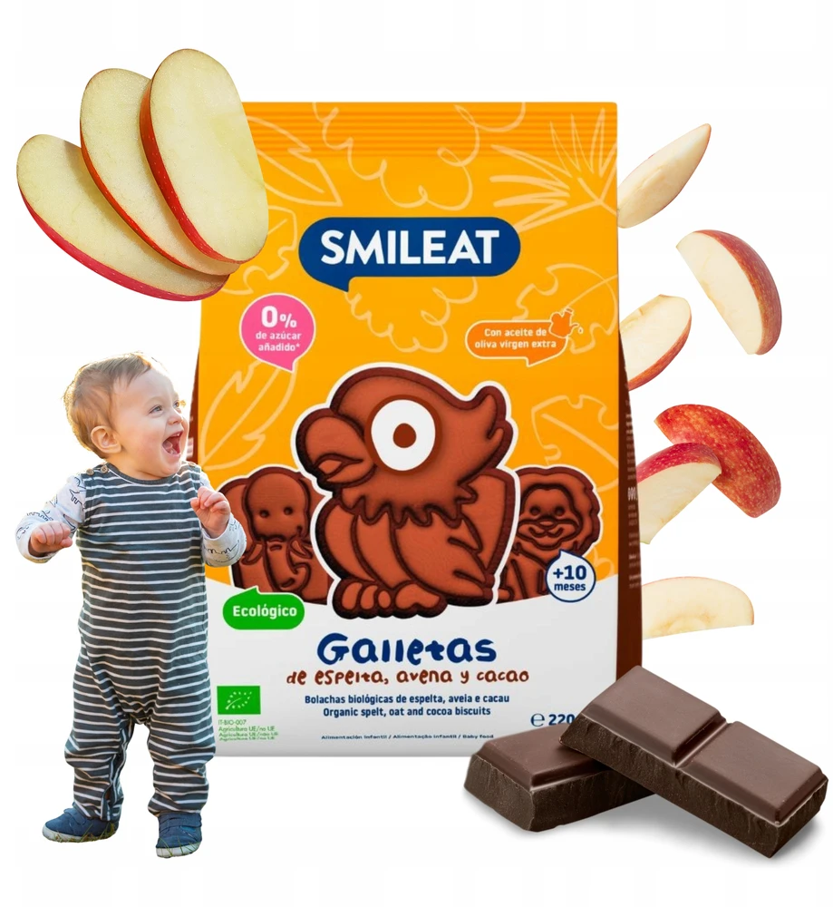 Speltos sausainiai be cukraus kakavos obuoliai 10 mėnesių 220g Smileat BIO Mini
