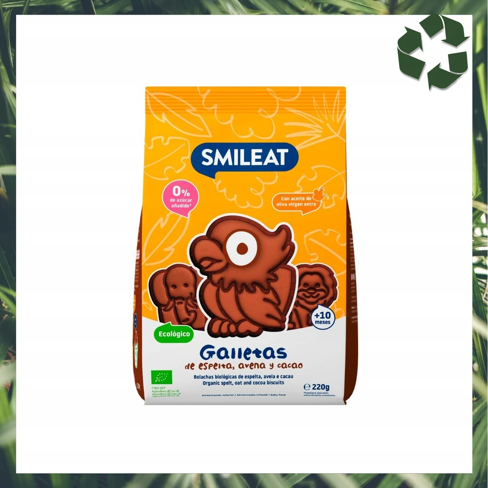 Speltos sausainiai be cukraus kakavos obuoliai 10 mėnesių 220g Smileat BIO Mini