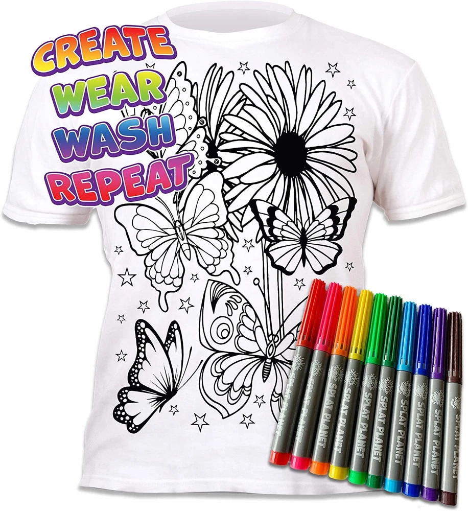 Splat Planet Dažymas marškinėliai BUTTERFLIES BUTTERFLIES marškinėliai + 10 plaunamų žymeklių 7-8 m.