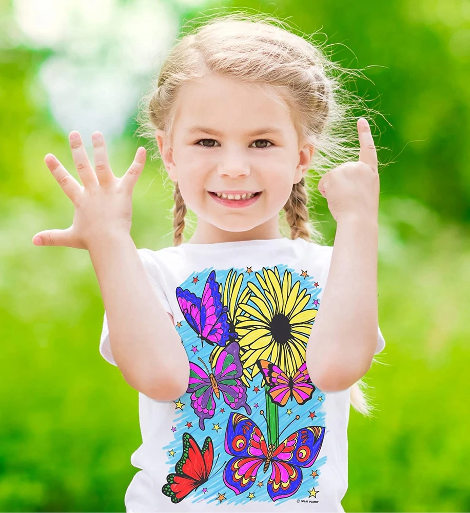 Splat Planet Dažymas marškinėliai BUTTERFLIES BUTTERFLIES marškinėliai + 10 plaunamų žymeklių 7-8 m.