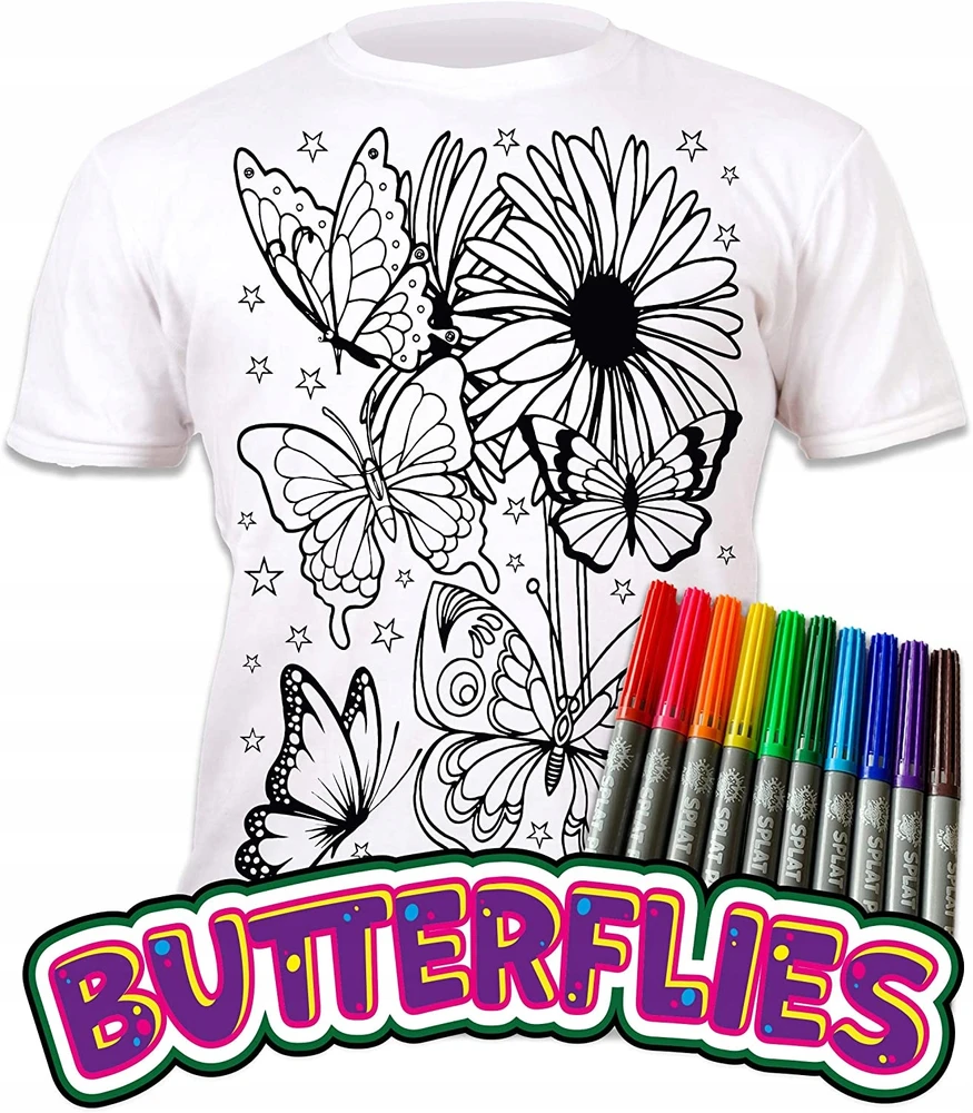 Splat Planet Dažymas marškinėliai BUTTERFLIES BUTTERFLIES marškinėliai + 10 plaunamų žymeklių 7-8 m.