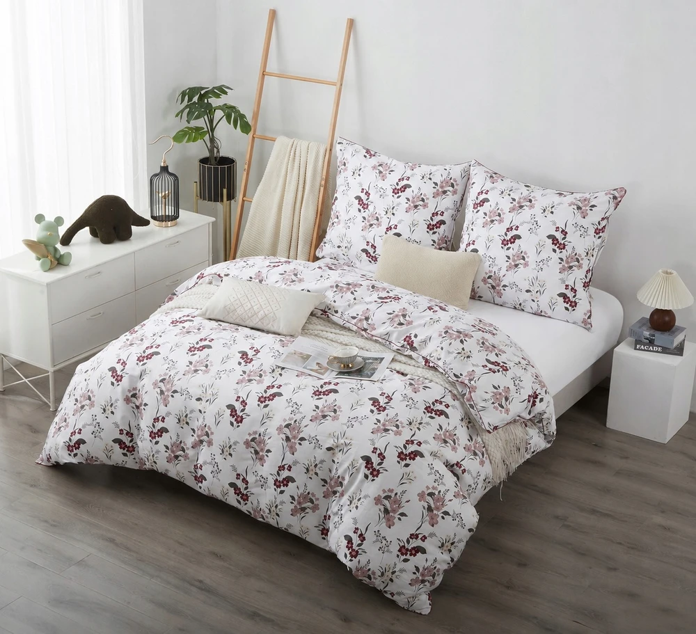 Spod Igły i Nitki Patalynė KOMPLET 220x200 SATYNA 100% BAWEŁNA PRINTY RÓŻOWA KWIATY