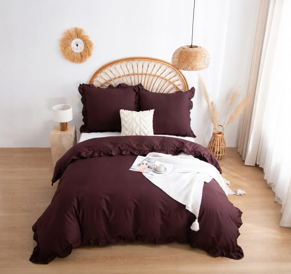 Spod Igły i Nitki Patalynė KOMPLET 220x200 SATYNA 100% BAWEŁNA RUFFY PREMIUM BRĄZ