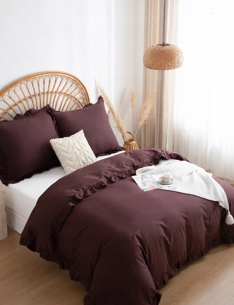 Spod Igły i Nitki Patalynė KOMPLET 220x200 SATYNA 100% BAWEŁNA RUFFY PREMIUM BRĄZ