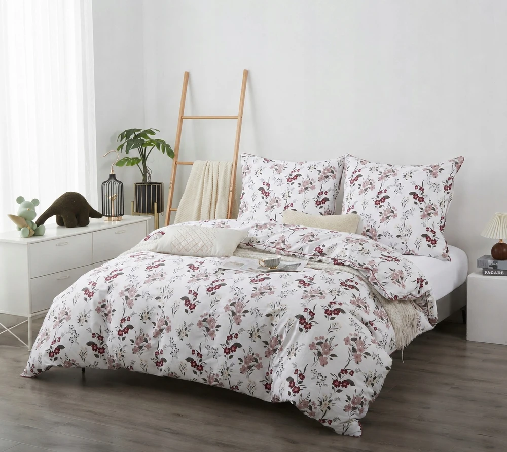 Spod Igły i Nitki Patalynė KOMPLET 220x200 SATYNA 100% BAWEŁNA PRINTY RÓŻOWA KWIATY