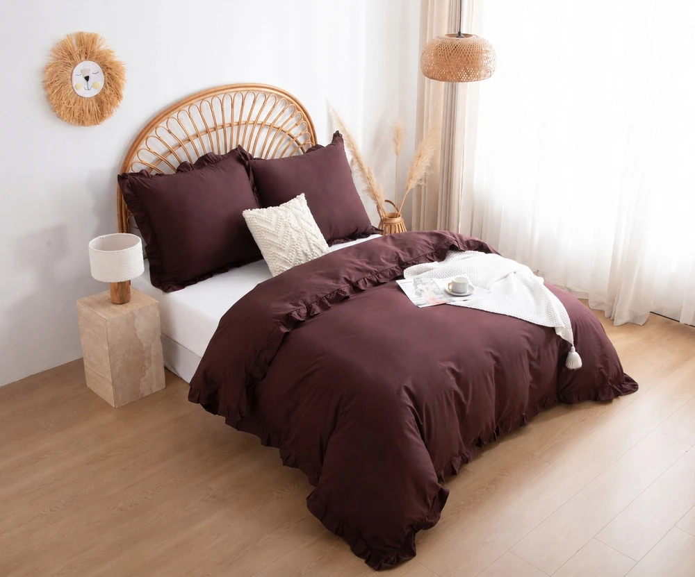 Spod Igły i Nitki Patalynė KOMPLET 220x200 SATYNA 100% BAWEŁNA RUFFY PREMIUM BRĄZ