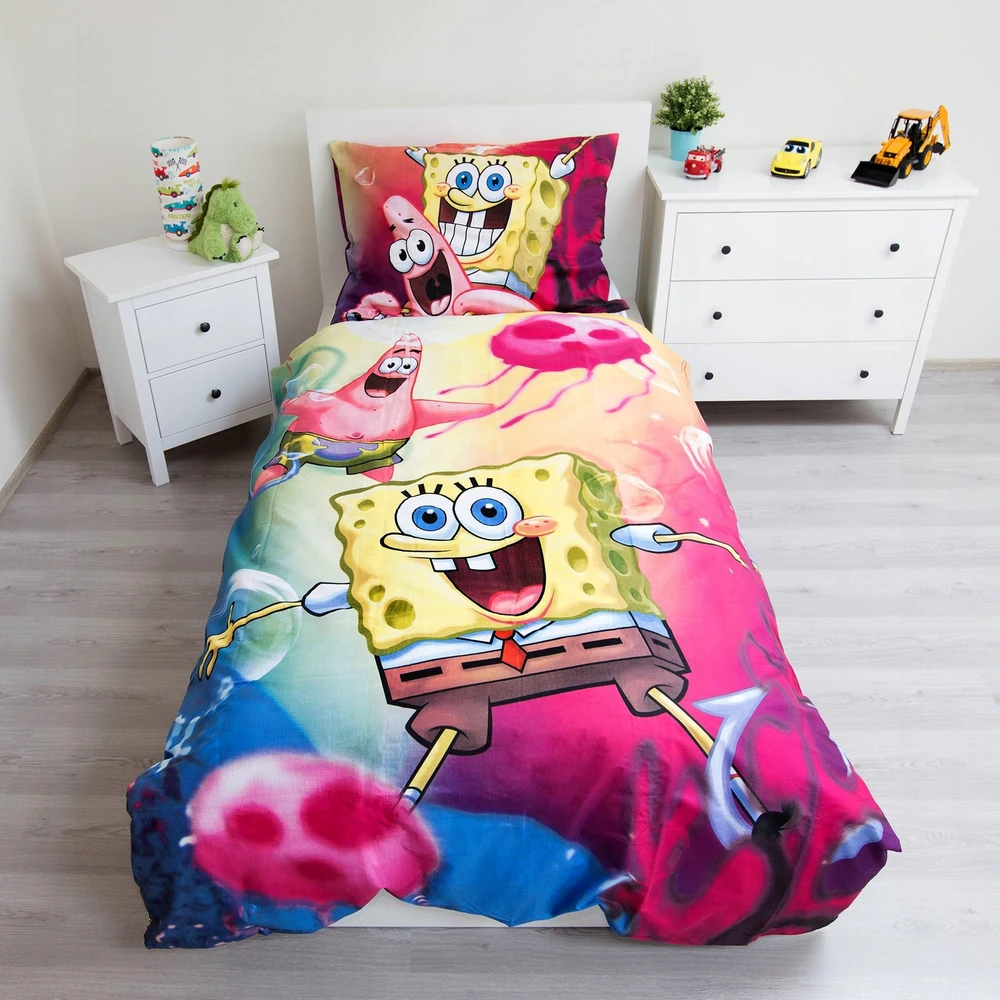 Spongebob Kolorowa, DWUSTRONNA, bawełniana pościel na zamek 140x200 cm