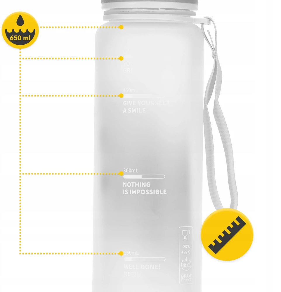 Sportinis bidonas 4fizjo 650 ml, Tritan, su matuokle, pilkas