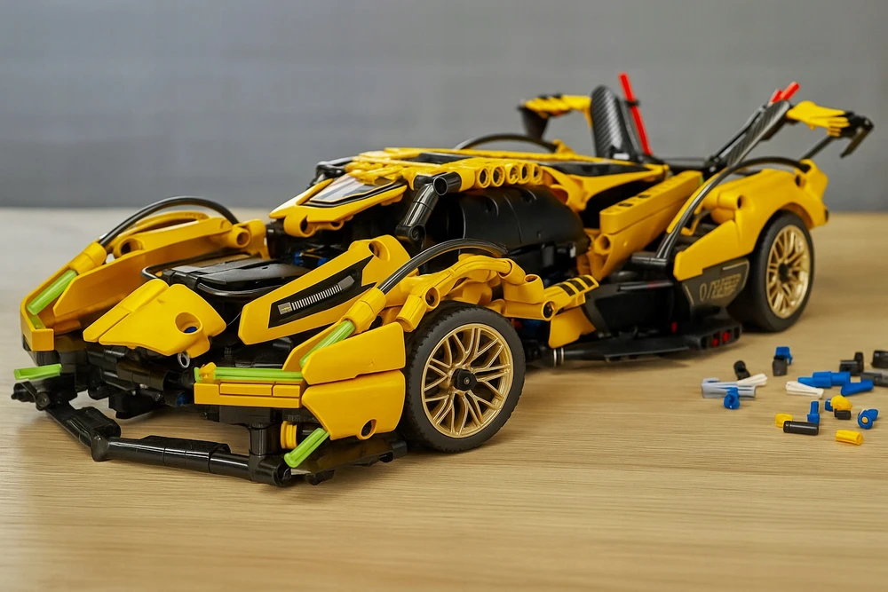 SPORTINIŲ AUTOMOBILIŲ TECHNINIŲ BLOKŲ RINKINYS 1158 ELEMENTAI ŠVIETI TAMSOJE