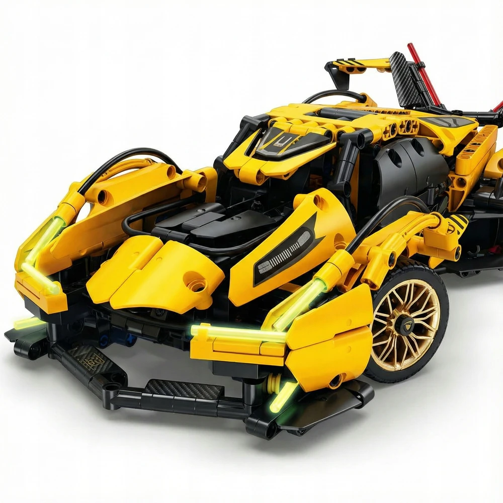 SPORTINIŲ AUTOMOBILIŲ TECHNINIŲ BLOKŲ RINKINYS 1158 ELEMENTAI ŠVIETI TAMSOJE
